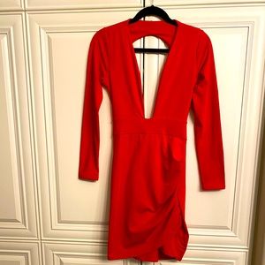 Women’s Size Large Red Deep Plunge Open back Dress Ruching on left side of dress